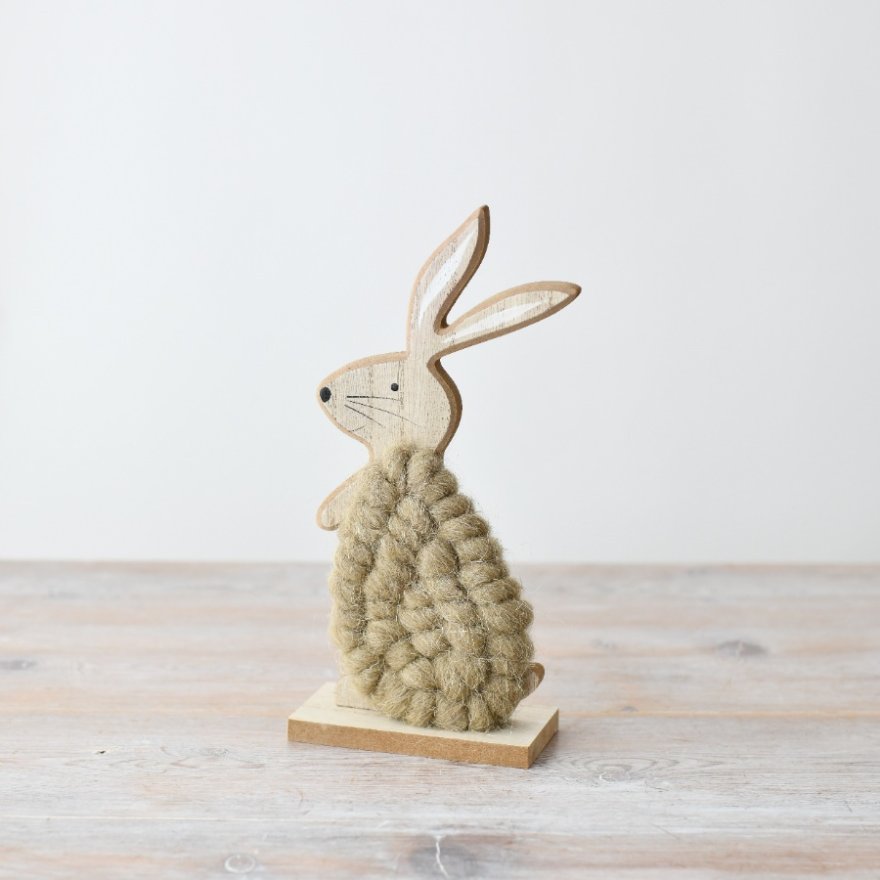 Standing Wool Bunny on Wood Stand, 22cm 