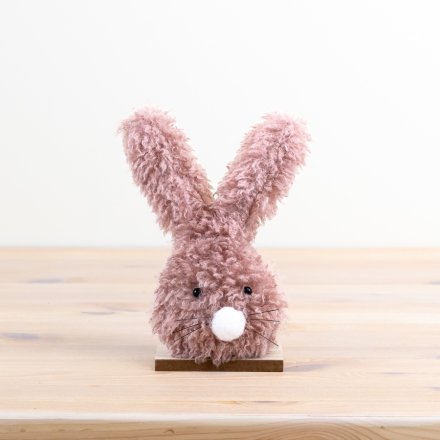 Pink Fluffy Bunny on Wood Stand, 21cm 
