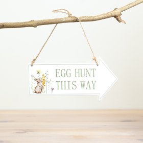 Add a playful touch to any Easter celebration with this charming wooden arrow sign for a fun-filled egg hunt at home!