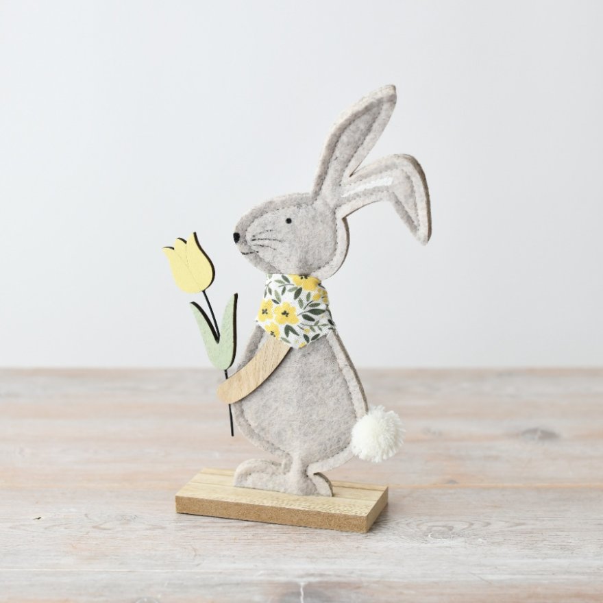 Felt Bunny with Flower on Wooden Base, 23cm 