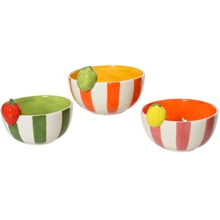 3/A Stripped Fruit Design Bowls, 14cm 