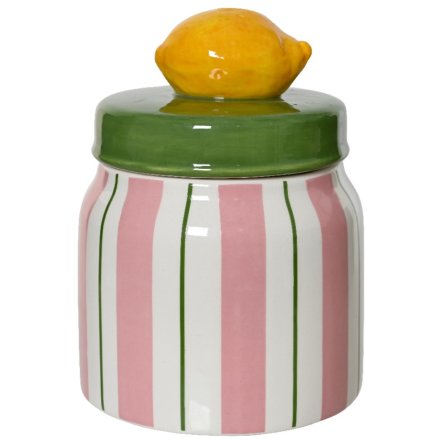 Stripped Storage Jar with lemon on Lid, 13.5cm 