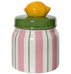 Freshen up your kitchen storage with our vibrant Stripped Storage Jar With Lemon On Lid 