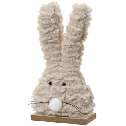 Fluffy Bunny On Wooden Base Deco, 20cm 