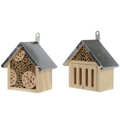 Invite nature's creatures with our durable wooden insect house, featuring a metal rooftop.