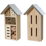 An assortment of 2 insect houses made from pinewood with a metal roof for weather protection. 