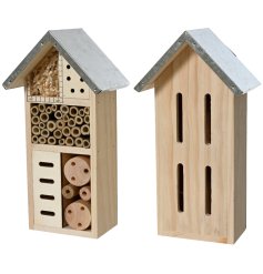 An assortment of 2 insect houses made from pinewood with a metal roof for weather protection. 