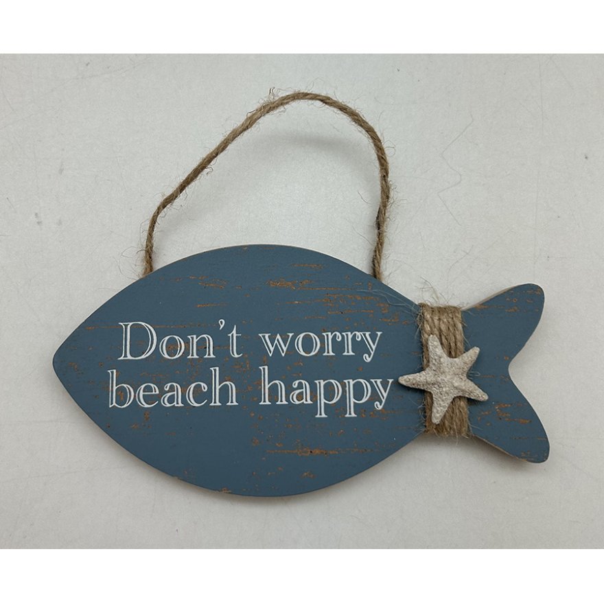 Beach Happy Wooden Fish Plaque, 15cm