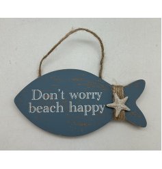 "Enhance your coastal decor with a chic wooden plaque hung by jute twine in a stylish fish design."