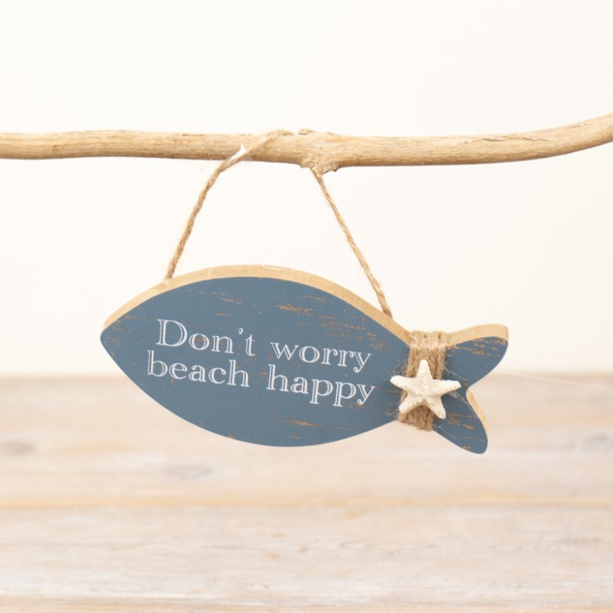 Beach Happy Wooden Fish Plaque, 15cm