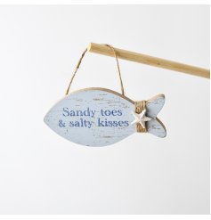 A rustic coastal hanging plaque in a fish design. 