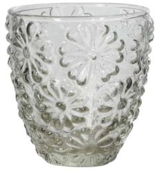 add a spring vive to your home with this glass flower design candle holder 