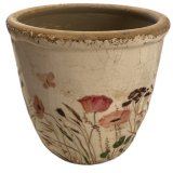 a  beautiful planters each display intricate floral painted markings with a rustic finish. 