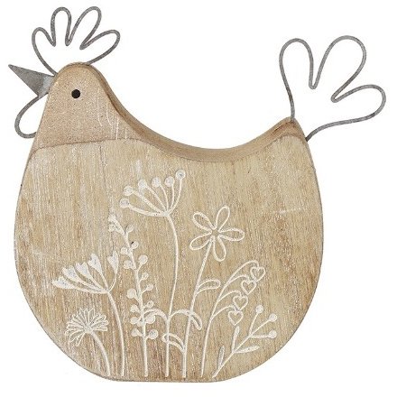 Wooden Floral Chicken Deco, 12.5cm 