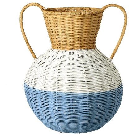 Blue & White Stripe Rattan Pot, 33.5cm 