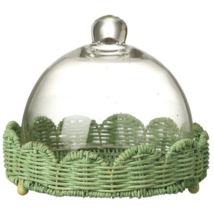 Glass Cloche with Green Woven Bas, 17cm 