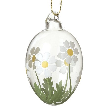 Hanging White Daisy Glass Egg, 6.5cm 