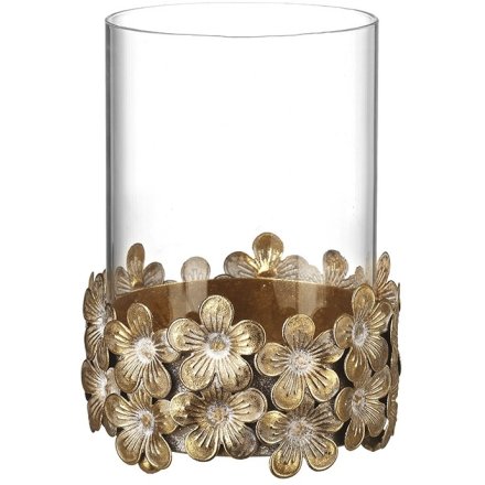 Med Tea Light Holder Gold Flower Base, 16cm 