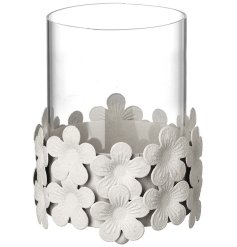 Light up your space in style with our Small White Flower Glass Base Candle Holder.