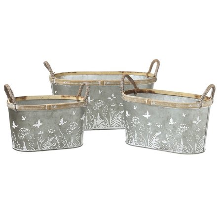 S/3 Butterfly & Flower Metal Bucket, 19.5cm