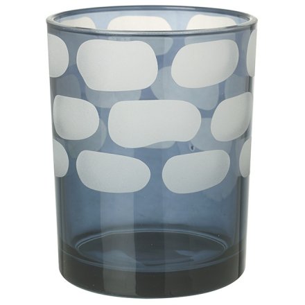 Large Blue & White Design Glass T-light, 12.5cm 