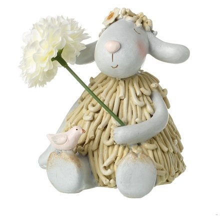 Sitting Sheep Holding Flower, 10.5cm 
