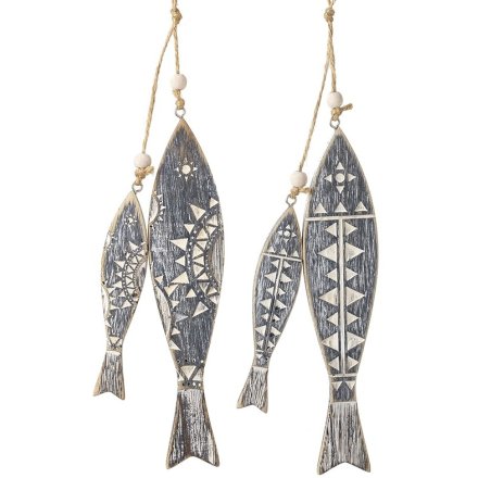 Wooden Beaded Fish Hangers, 33cm 