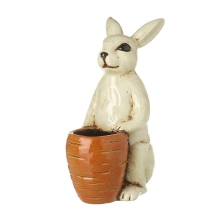 Tall Pottery Bunny With Carrot Pot, 16.5cm 
