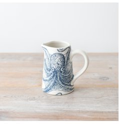 "Transform your home with this stylish Octopus jug in blue & white, evoking coastal charm. Add a touch of elegance to 