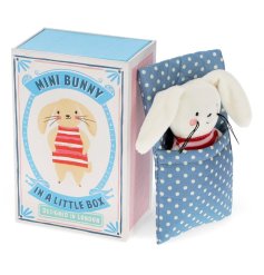 An adorable little bunny, nestled inside a little box wrapped in a quilt.