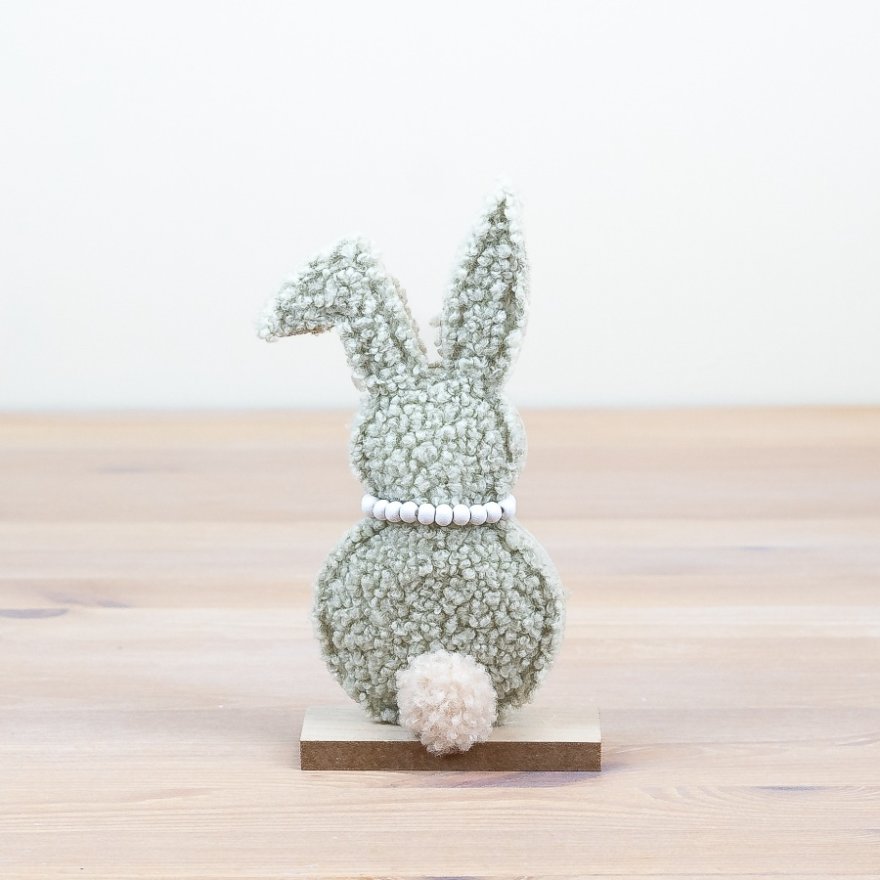 Rabbit on Wooden Base - Sherpa Green, 17cm 