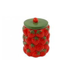 Get organized with this chic storage jar featuring a sweet strawberry design. 