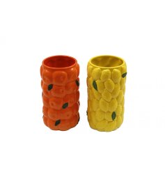 A fruitful assortment of 2 citrus vases in an orange and lemon design. 