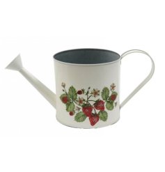 Add a touch of whimsy to your potting shed with this charming tin watering can decorated with delightful strawberry