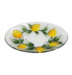 Stunning glass plate featuring a lemon motif entwined with lush foliage, perfect for showcasing in your kitchen.