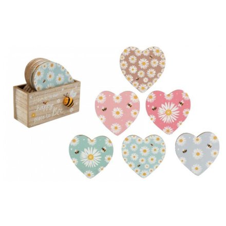 S/6 Happy Bee Heart Coasters, 11.5cm 