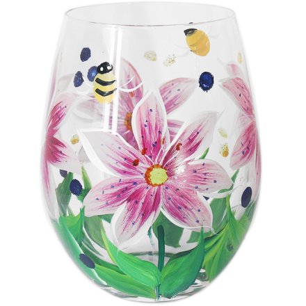 Glass Pink Lilies Stemless Wine Glass, 13cm 