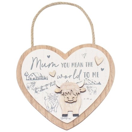 Mum Highland Cow Hanging Heart, 18cm 