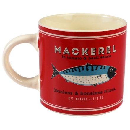 A ceramic red mug with mackerel branding including text and imagery. 