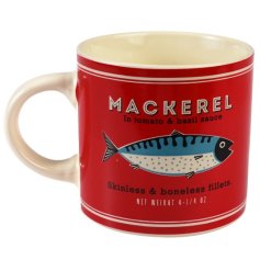 A ceramic red mug with mackerel branding including text and imagery. 