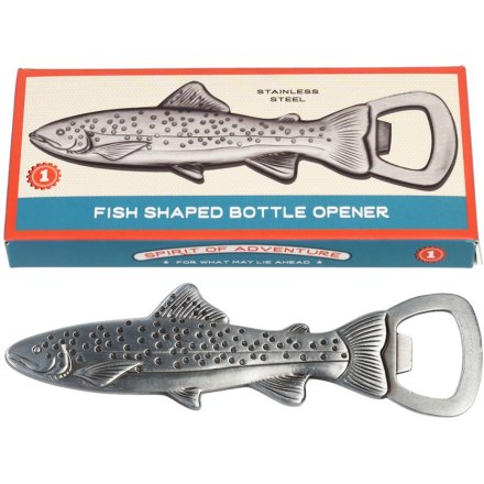 A stainless steel bottle opener in a fish design. 