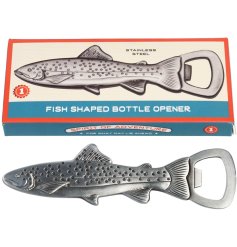 A stainless steel bottle opener in a fish design. 