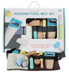 A beautiful tool set and tool belt made of wood for little builders.