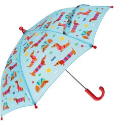 A bright and colourful children's umbrella in a cute sausage dog design. 