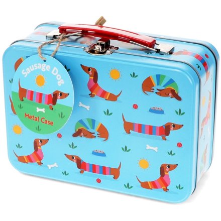 A cute storage tin with a carry handle in a Sausage dog pattern from Rex international.