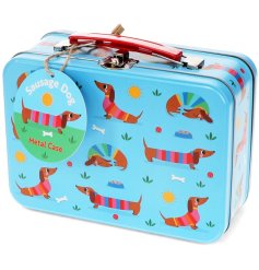 A cute storage tin with a carry handle in a Sausage dog pattern from Rex international.