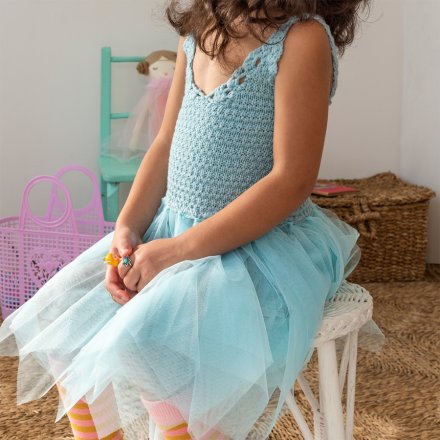 A gorgeous crochet dress for playing dress up in the colour Aqua blue.