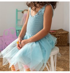 A gorgeous crochet dress for playing dress up in the colour Aqua blue.