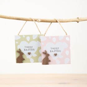 Display Easter joy with 2 assorted cheerful plaques on jute twine.