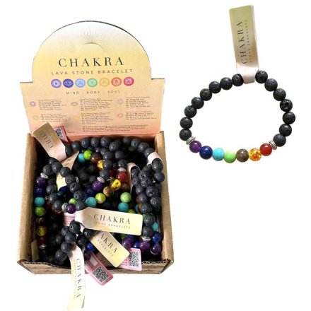 A unique crafted bracelet made from lava rock and decorated with gemstones.